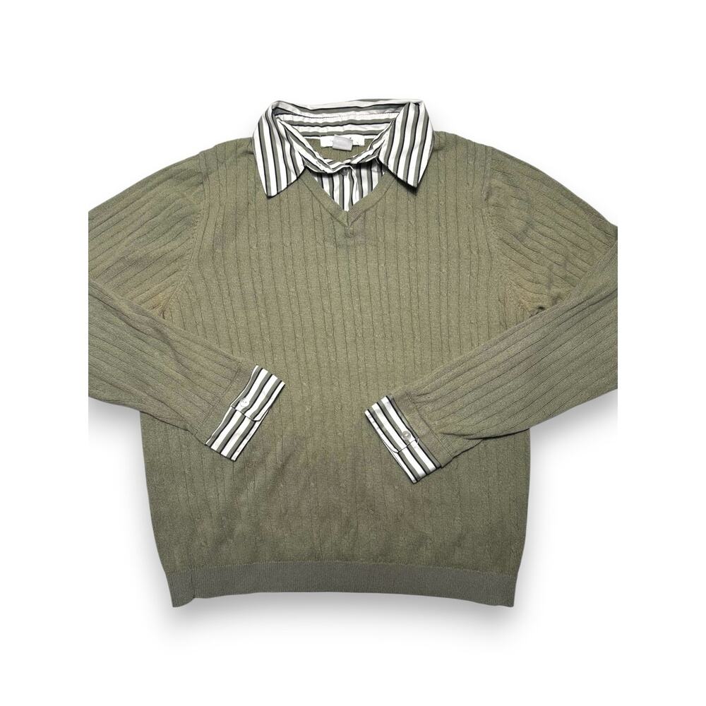 Alia Petites Sage Green Ribbed V-Neck Sweater w/ Sewn-In Striped Collar Medium